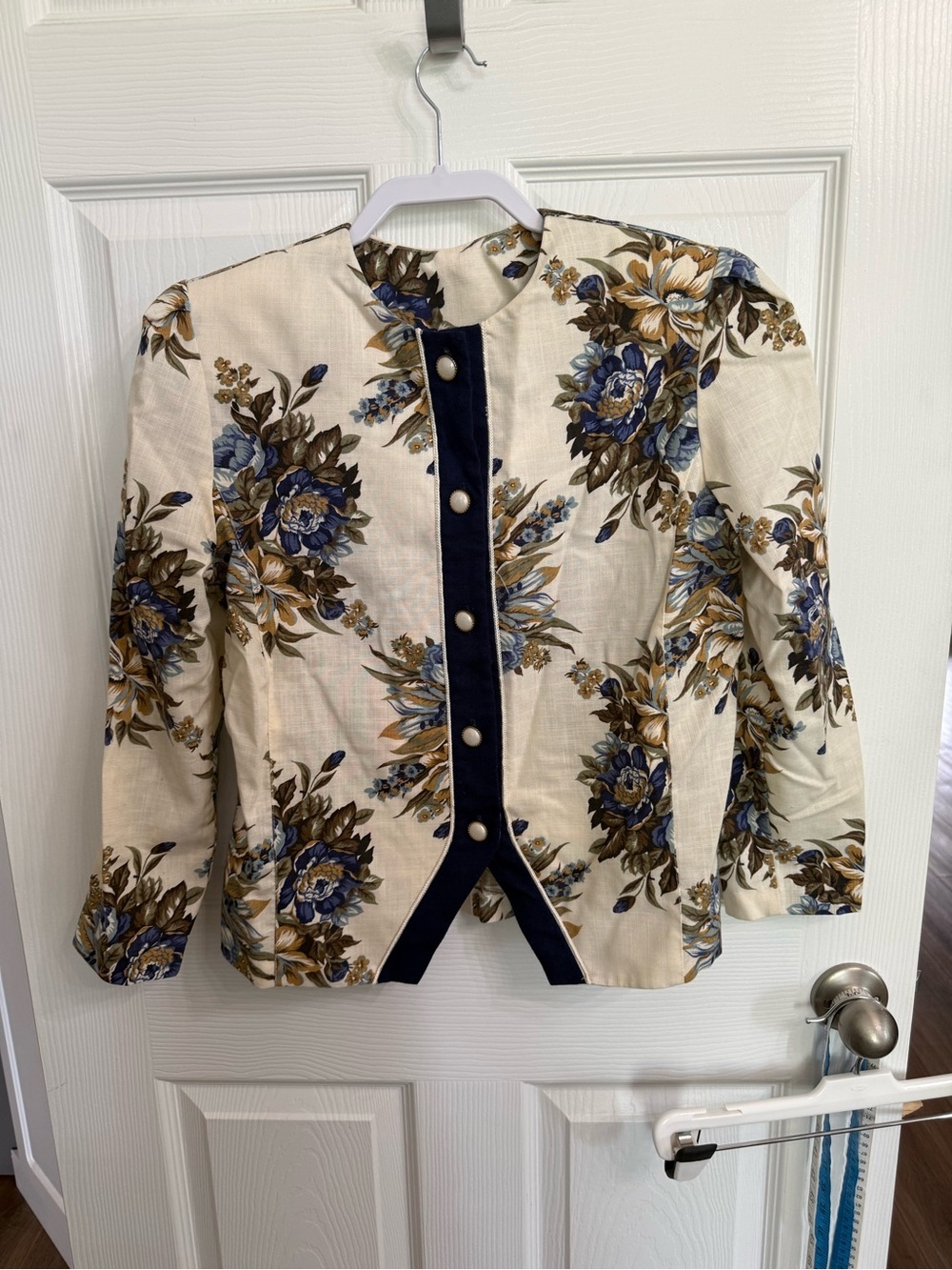 Vintage Floral Cottagecore Blazer Jacket Blue Cream Prairie Grandmacore 10P USA
